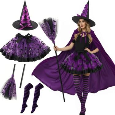 Imagem de LOTIKS Conjunto de luxo de fantasia de bruxa de conto de fadas com chapéu de vassoura saia tutu para adolescentes adultos (roxo)