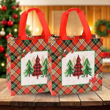 Imagem de Saco de presente xadrez não tecido estampado de Natal de 4 estilos, reutilizável, vermelho, mercearia, artigos de festa de Feliz Natal (árvore de Natal, 23 x 22 * 11 cm)