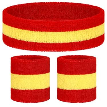 Imagem de Knitgrip Conjunto de 3 faixas de suor neon dos anos 80, pulseira e faixa de cabeça, acessórios de guerra coloridos para festa de Halloween (vermelho e amarelo)