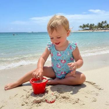 Imagem de Roupa De Praia Infantil Menina Maiô Estampado Forrado Com Proteção Sol