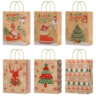 Imagem de Mediee 12 pacotes de sacos de presente de Natal com alça, sacos de papel Kraft de 20 x 15 cm, 6 estilos, pequenos sacos de Natal para presentes de Natal
