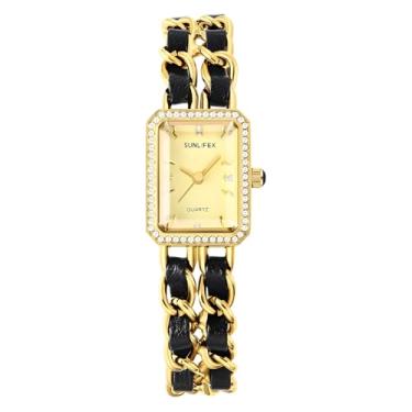Imagem de Gosasa Relógio feminino elegante com corrente trançada, pulseira quadrada, retrô, minimalista, analógico, quartzo, à prova d'água, relógio feminino, Ouro 01, Elegante