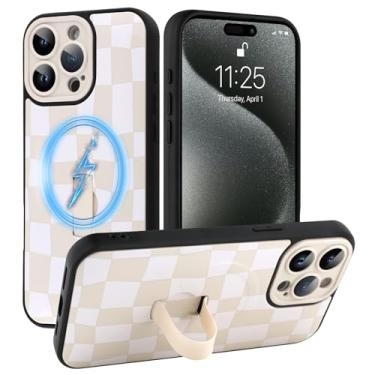 Imagem de SOKAD Capa quadriculada magnética para iPhone 15 Pro Max com suporte de alça de dedo, compatível com Magsafe, lindo tabuleiro de xadrez projetado para mulheres e homens, capa de proteção completa para