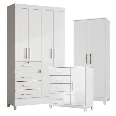 Imagem de Guarda Roupa Infantil Sobral Com Cômoda Vênus Com Pés E Armário Multiuso Jade Branco Brilho - Moval