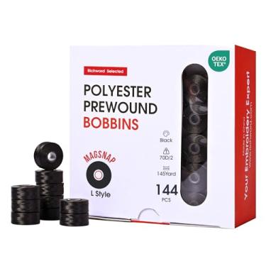 Imagem de Richword Bobinas pré-enroladas selecionadas, Magsnap preto, 144 peças, tamanho G (SA155), 60WT (70D/2) bobinas de bordado para máquina de bordar comercial com várias agulhas