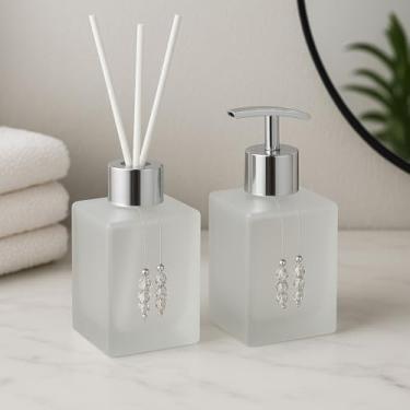 Imagem de Kit Lavabo Luxuoso de Vidro Cubo 250ml – Sabonete Líquido + Difusor de Ambientes, Design Sofisticado, Ideal para Presente e Decoração(Fosco Incolor C/Prata)