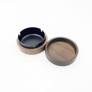 Imagem de Cinzeiro de madeira com tampa e inserção de aço inoxidável - Design portátil à prova de vento para casa, pátio, escritório, festas (preto)