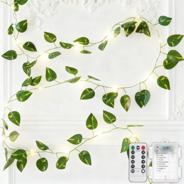 Imagem de SFNDOU Videira de 9,5 m com luzes de fadas operadas a pilha, 100 luzes de LED Pothos Leaf Vine com controle remoto, luzes de folha para quarto, quarto, parede, jardim, festa, decoração de casamento