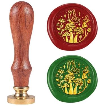 Imagem de Carimbo de lacre de cera de borboleta de cogumelo, cabeça de foca de latão de 2,5 cm com alça em relevo vintage, carimbo de cera de vedação para convites de cartas, envelopes de festa, festival