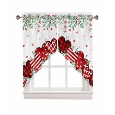 Imagem de Cortinas de cozinha para janelas Dia dos Namorados com estampa de coração vermelho amor swag cortinas de cozinha folhas de eucalipto rosa janela saia cortinas 2 painéis topper cortinas para cozinha