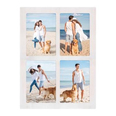 Imagem de YESKAY Colagem de porta-retratos 12 x 18 cm - Moldura branca rústica com 4 aberturas, 13 x 18 cm, várias molduras de colagem de fotos com vidro temperado para montagem em mesa ou parede (pacote com 1)