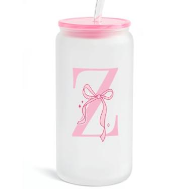 Imagem de SANDJEST Copo de vidro monograma com tampa acrílica e canudo, copo de café gelado fosco personalizado 473 ml, monograma presentes iniciais para mulheres meninas no aniversário (Z)