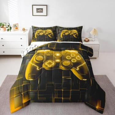 Imagem de Conjunto de edredom Manfei Kids Gamer Queen Size Black Gold Grid