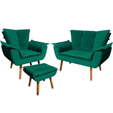 Imagem de Conjunto Poltrona Puff E Namoradeira Pés Palito Charger Veludo Verde G19 - Gran Belo