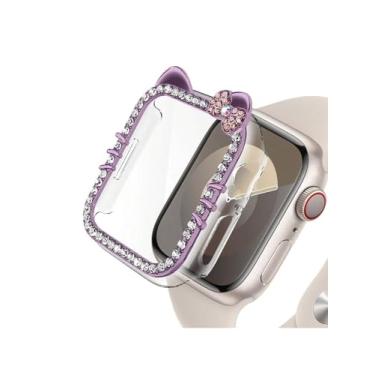 Imagem de Capa de desenho animado com laço de gato para Apple Watch SE/séries 10/9/8/7/6/5/4 44 mm 45 mm com protetor de tela de vidro temperado, capa protetora completa de diamante de cristal (roxo, 41 mm)