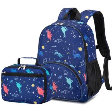 Imagem de Mochila para crianças, meninos, meninas, pré-escolar, jardim de infância, conjunto com lancheira, mochila escolar infantil (dinossauros - nave espacial)