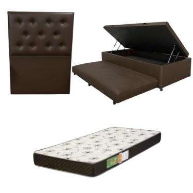 Imagem de Cama Box Baú Solteiro com Auxiliar (Bicama) + Colchão Solteiro Espuma D20 12cm | Kit Completo com Cabeceira Botonê Opcional | Diversas Cores (3, CORINO MARROM, COM CABECEIRA)