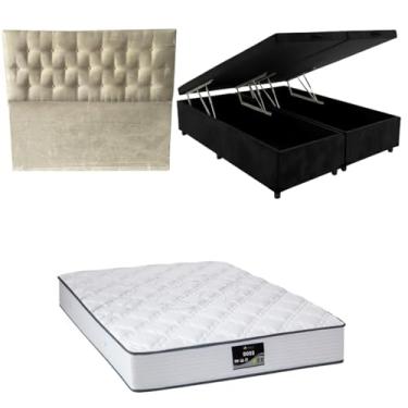 Imagem de Cama Box Baú Bipartida Blindada com Colchão Doss Molas Ensacadas 30cm + Cabeceira Botonê (SUEDE PRETO, Casal Bipartido)