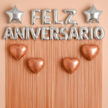 Imagem de Kit Decoração Feliz Aniversário, Cortinas Metalizadas 1x2m e Balões Estrela e Coração (Rose Gold e Prata)