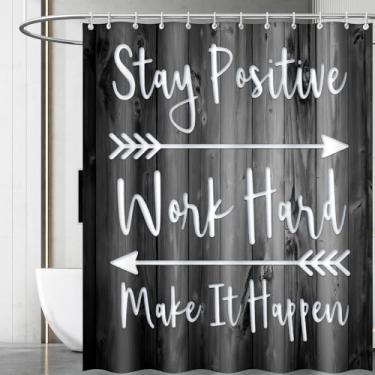 Imagem de Wknoon Cortina de chuveiro de tecido 183 cm x 182 cm com ganchos premium - Citação inspiradora Stay Positive Work Hard Make It Happen Design motivacional de madeira preto e branco, impermeável e