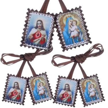 Imagem de KOMI Scapulary Catholic, pacote com 3 escápulos a granel Sagrado Coração de Jesus com Nossa Senhora Monte Carmelo, colar católico católico com escápulos marrons católicos, poliéster, Sem Pedra