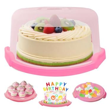 Imagem de Slomg Porta-bolos de plástico rosa com tampa e alça, suporte multiuso de cupcake para bolo de 25 cm, caixa redonda portátil de armazenamento de sobremesas com capa para lanche de pizza e frutas