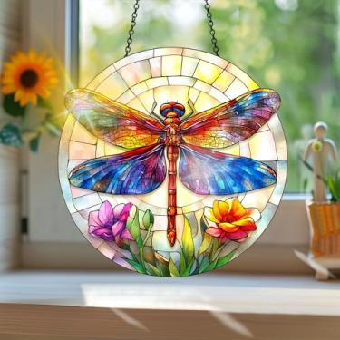 Imagem de Acrílico colorido Suncatcher, apanhador de sol estilo vitral impresso libélula com reflexos de arco-íris, decoração de janela suspensa, decoração de parede, ornamentos de Natal para uso interno e