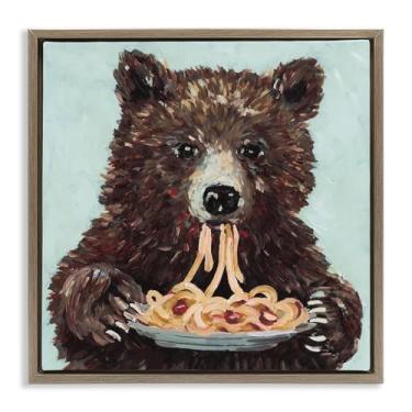 Imagem de Stupell Industries Arte de parede em tela flutuante emoldurada de urso e espaguete cinza, design por Studio Bautista, 45,7 x 45,7 cm