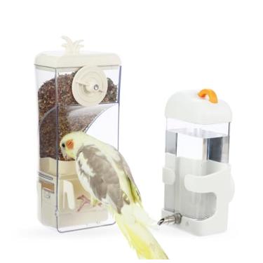 Imagem de Comedouro e bebedouro de pássaros sem bagunça para gaiola, alimentador automático de 300 ml com coletor de casco de sementes e bebedouro sem refluxo de aço inoxidável de 400 ml, para periquitos