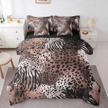 Imagem de Erosebridal Jogo de cama solteiro com estampa de leopardo, 7 peças, lençol com estampa de animal, preto, marrom, retrô, pele selvagem, rústico, para adolescentes, homens e mulheres