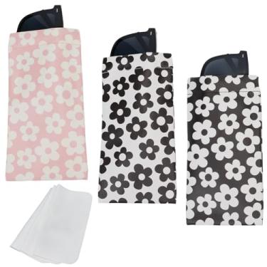 Imagem de CREATCABIN Estojo de óculos de sol portátil com 3 peças de couro PU bolsa de flor macia para óculos de sol bolsa fina de apertar para óculos leve com pano de limpeza para mulheres e homens viagens 18