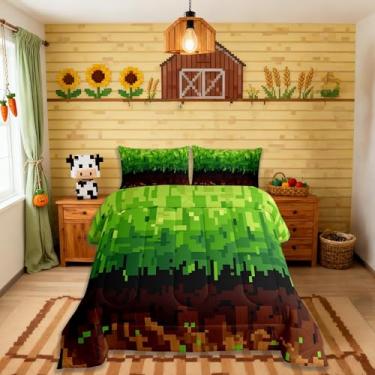 Imagem de Sandbox Conjunto de edredom pixelado, tamanho casal, videogame, quadriculado, mineiros, simples, edredom marrom, verde, 2 fronhas