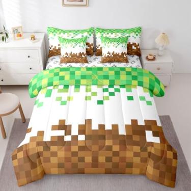 Imagem de Jogo de cama com edredom pixelado, quadriculado geométrico, para adolescentes, mineiros, marrom, verde, 7 peças, lençol de cima e fronhas