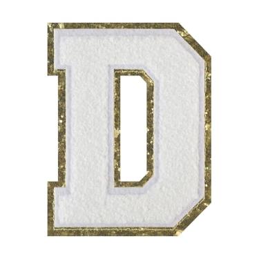 Imagem de 1 PÇ Patch de letra de chenille de ferro branco de 11,4 cm com borda dourada – Remendos do alfabeto para roupas, jaquetas, mochilas, chapéus para decoração personalizada, nome personalizado e
