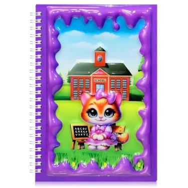Imagem de omatek smart technologies Caderno espiral com capa brilhante 3D A5 – Caderno de capa dura fofo com 80 folhas – Caderno escolar para crianças, meninas e meninos – Pequeno gato escolar