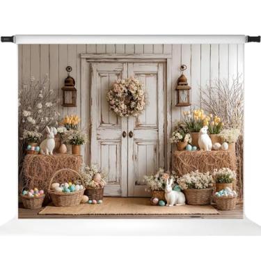 Imagem de Kate Pano de fundo de foto de porta de madeira para fotografia de páscoa, ovos coloridos, palheiro, suprimentos para festas, 2,1 x 1,5 m