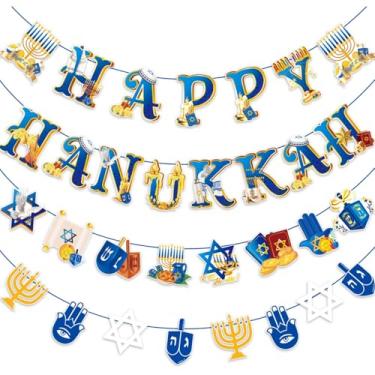 Imagem de LOONELO Happy Hanukkah Bunting Banners, Festival of Lights Chanukah Hanging Garland Cartolina Sinais, Feriado Judaico Hanukkah Artigos de Festa Decorações para Paredes, Portas e Cornijas