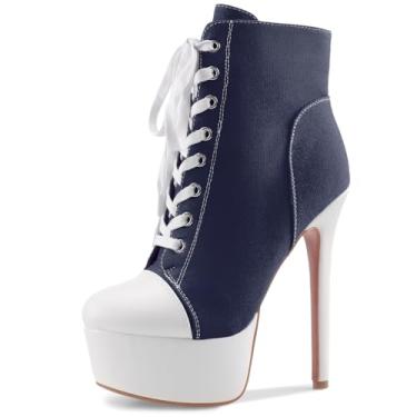 Imagem de Perisis Bota feminina preta plataforma tornozelo salto alto stiletto bota curta cadarço lona sapatos fechados bico redondo com zíper lateral para mulheres sexy primavera outono inverno, Lona azul