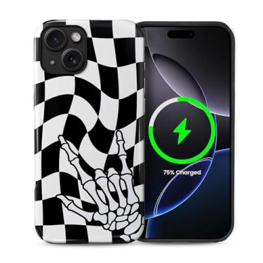 Imagem de Zhhoya Capa para iPhone 13/iPhone 14, estampa de mão de esqueleto de tabuleiro de xadrez, brilhante, à prova de choque, capa protetora magnética engraçada estética antiarranhões