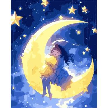 Imagem de YiLUAN Kit de tela Paint by Numbers para adultos iniciantes com tela emoldurada, 40,6 cm L x 51 cm A pintura em tela número animal kits de pintura artista - Moon Girl