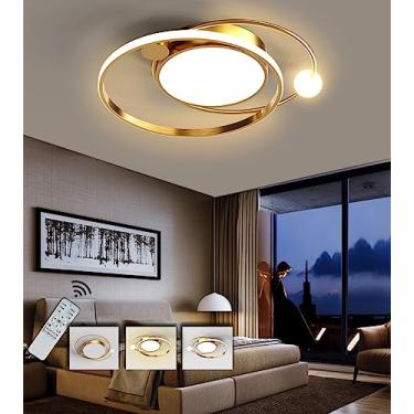 Imagem de Luminária de teto LED moderna para quarto, sala de estar, quarto infantil, luminária decorativa com intensidade regulável, luminária de teto com design de anel dourado e controle remoto, luz