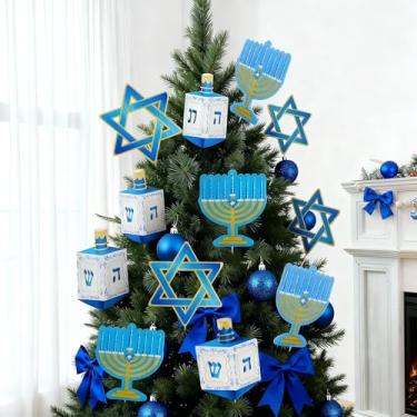 Imagem de Threehoney 12 peças de decoração de árvore de Hanukkah grande, ornamentos de canucá de 20 cm, conjunto de estrela de Davi Menorah Dreidel para árvore, grinalda e decoração de casa, decoração de