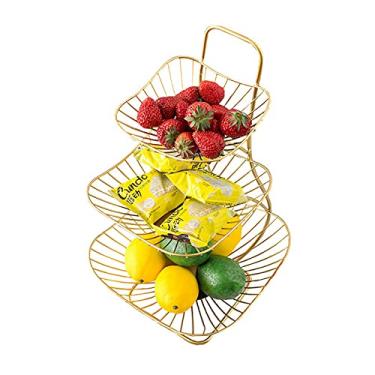 Imagem de Cesta de frutas de bancada, suporte de armazenamento de frutas vazado de metal de 3 camadas, suporte de decoração de bolo e prato de frutas para sala de vida doméstica, dourado