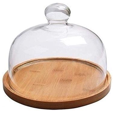 Imagem de Suporte de bolo bandeja de exibição de sobremesa caixa de bolo 6/8/10 polegadas, prato de sobremesa de madeira bandeja de pastelaria de vidro sushi capa de poeira cúpula de donut de cozinha para bolo