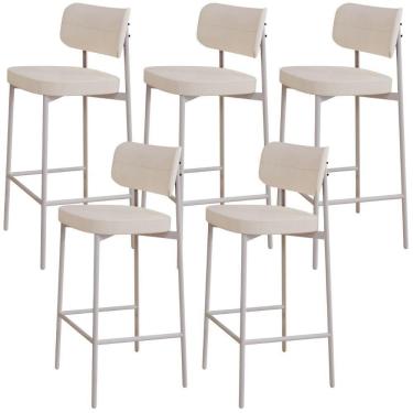 Imagem de Kit 05 Banquetas Alta Bar Cozinha Sala De Jantar Aço Branco Kaira C01 Linho Palha - Lyam Decor