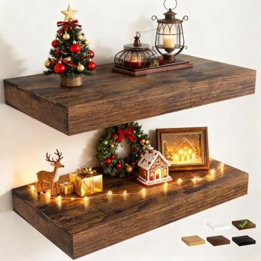 Imagem de Prateleiras flutuantes profundas de 30 cm para parede com suportes invisíveis, prateleiras de madeira de engenharia montadas na parede com grão de madeira para sala de estar, quarto, decoração e