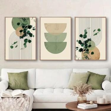 Imagem de 3 peças de formas geométricas de plantas verdes 20 x 30 cm arte de parede para casa moderna, escritório, sala de estar, decoração de quarto, pôster de tela sem moldura arte de parede