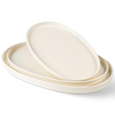 Imagem de theterra Travessa oval de cerâmica, 40 cm/36,6 cm/31 cm, segura para forno, micro-ondas, conjunto de 3 pratos de servir para casamento, pratos de grés para entretenimento e festa, bege