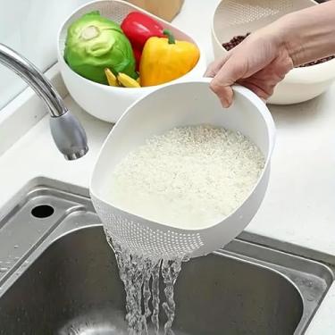 Imagem de Tigela de filtro durável, tigela de lavagem de arroz de plástico de grau alimentício com drenagem eficiente, escorredor multifuncional de 22 cm × 12,5 cm para cozinhar na cozinha, frutas e legumes