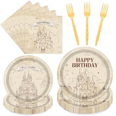Imagem de Aposwow Pratos de festa de aniversário Wizard and Castle, guardanapos e garfos, 96 peças, mágico, misterioso, castelo escolar, utensílios de mesa vintage, suprimentos de festa, serve 24